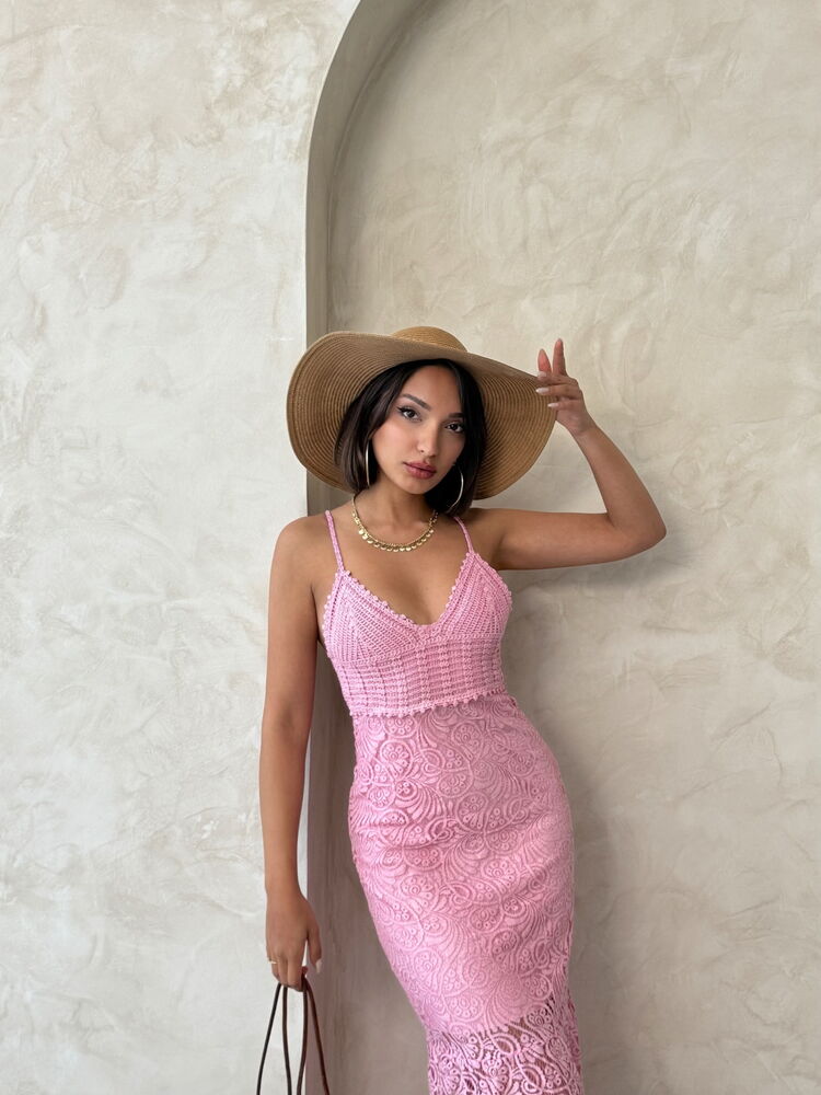 Dantel Detay Elbise Pembe