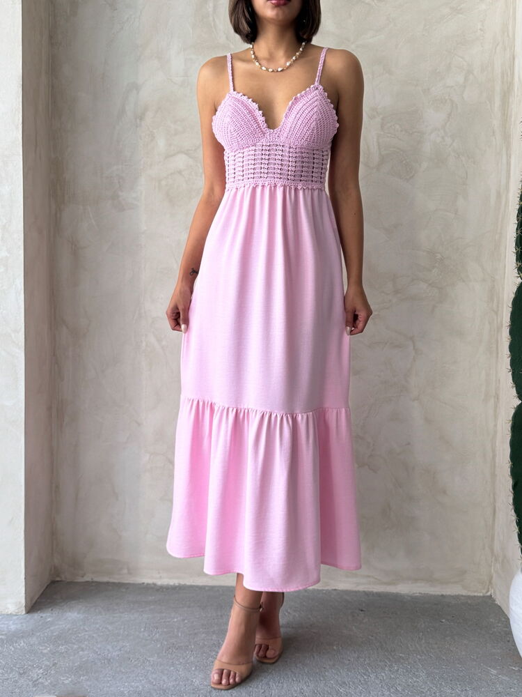 Keten Askılı V Yaka Elbise Pembe