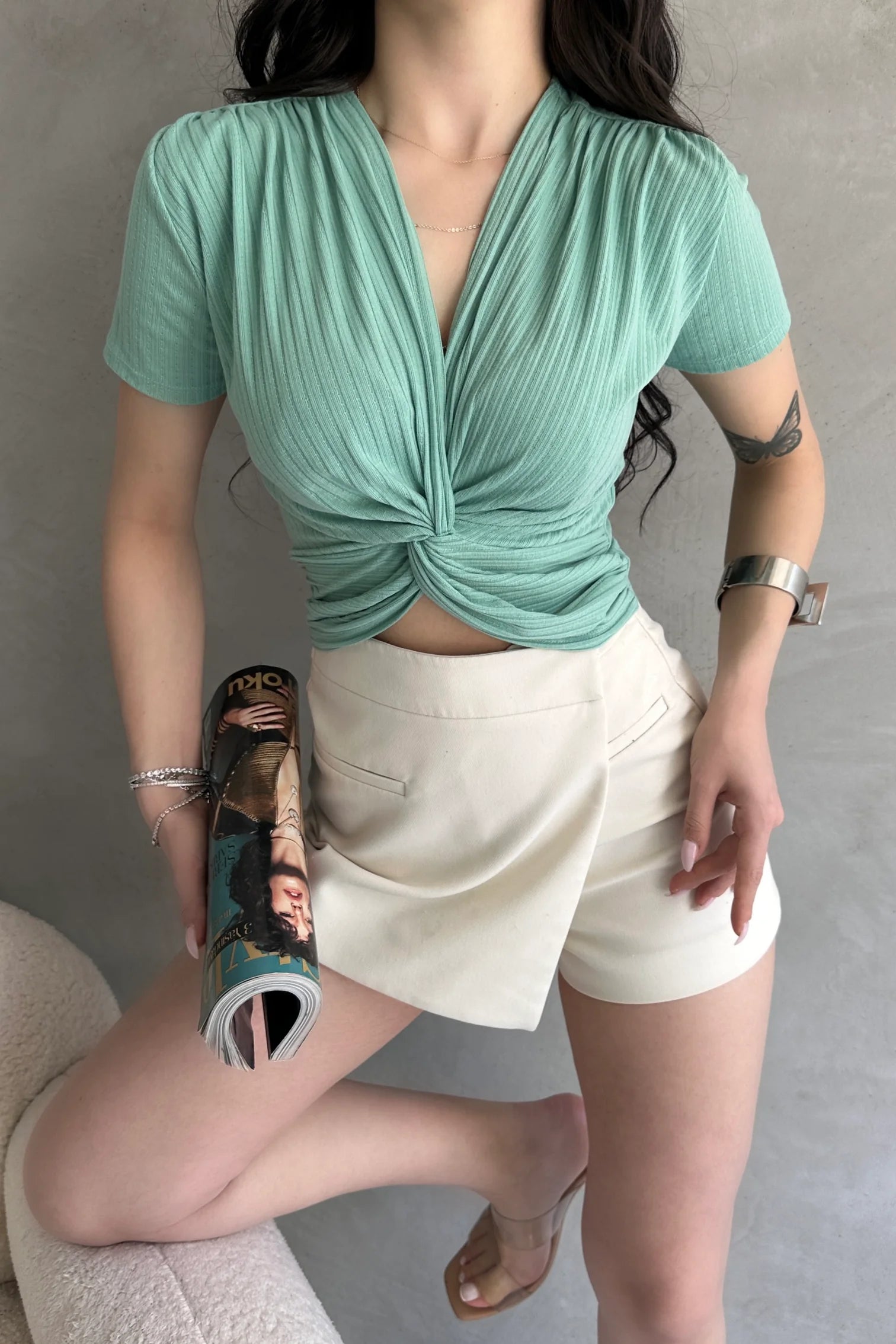 Kruvaze Yaka Crop Bluz Mint Yeşili