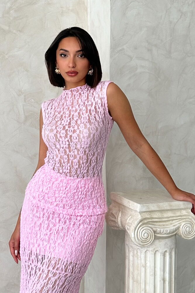Sıfır Kol Dantel Bluz Pembe