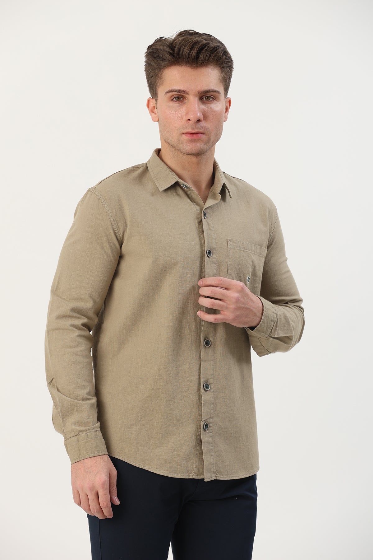 Regular Fit Erkek Keten Gömlek Bej