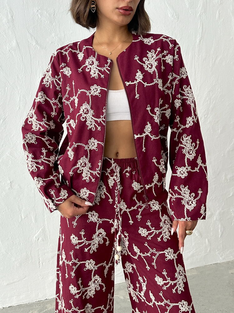 Çiçek Nakışlı Fermuarlı Ceket Bordo
