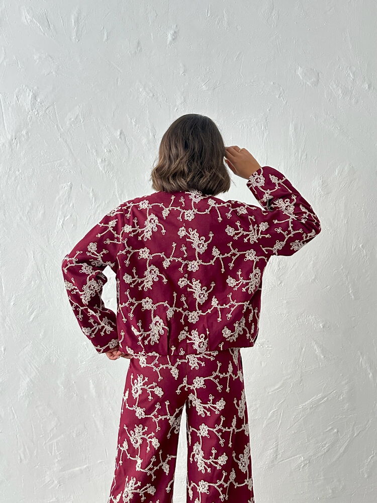 Çiçek Nakışlı Fermuarlı Ceket Bordo