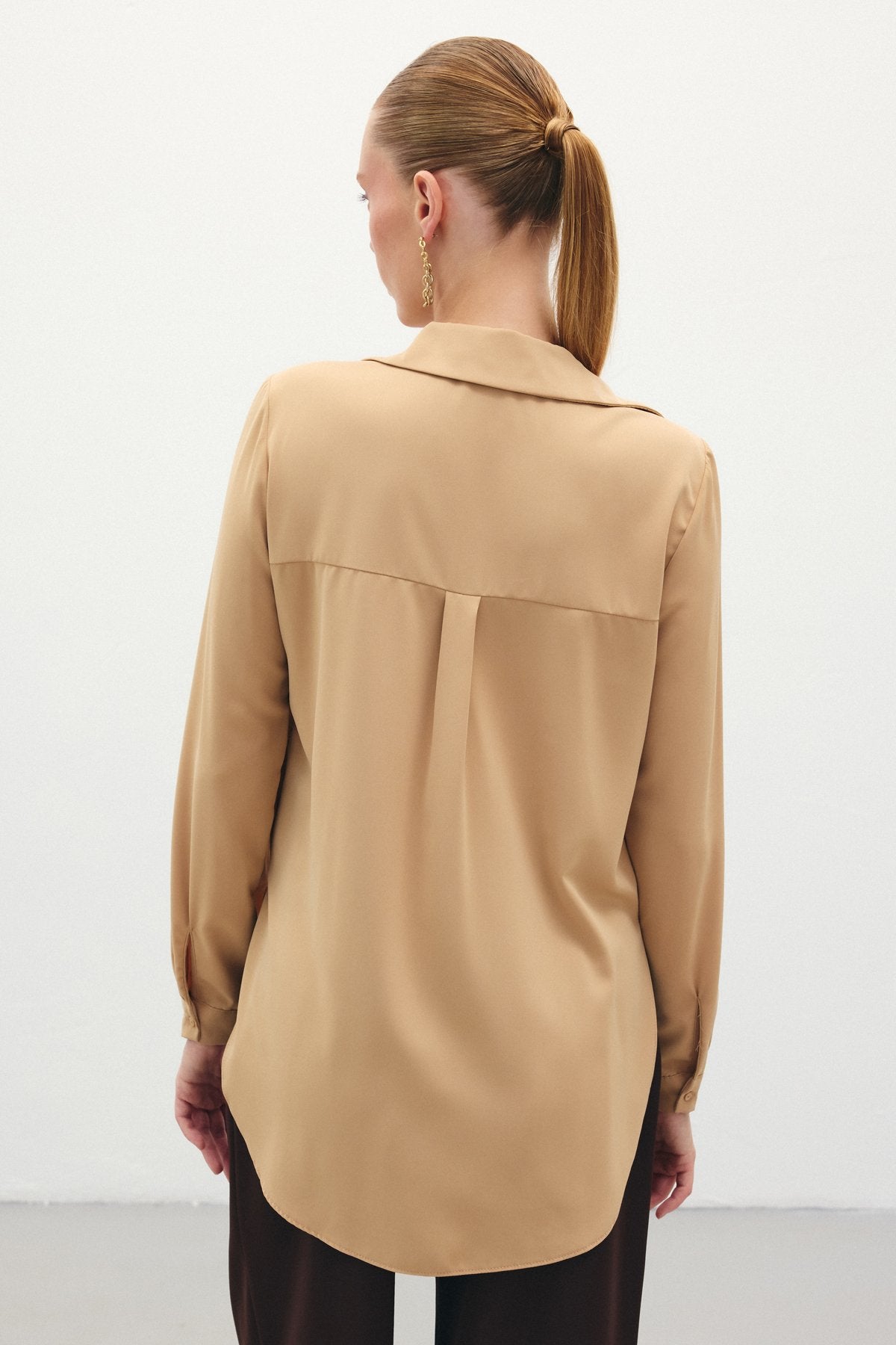 Saten Düz Gömlek Camel