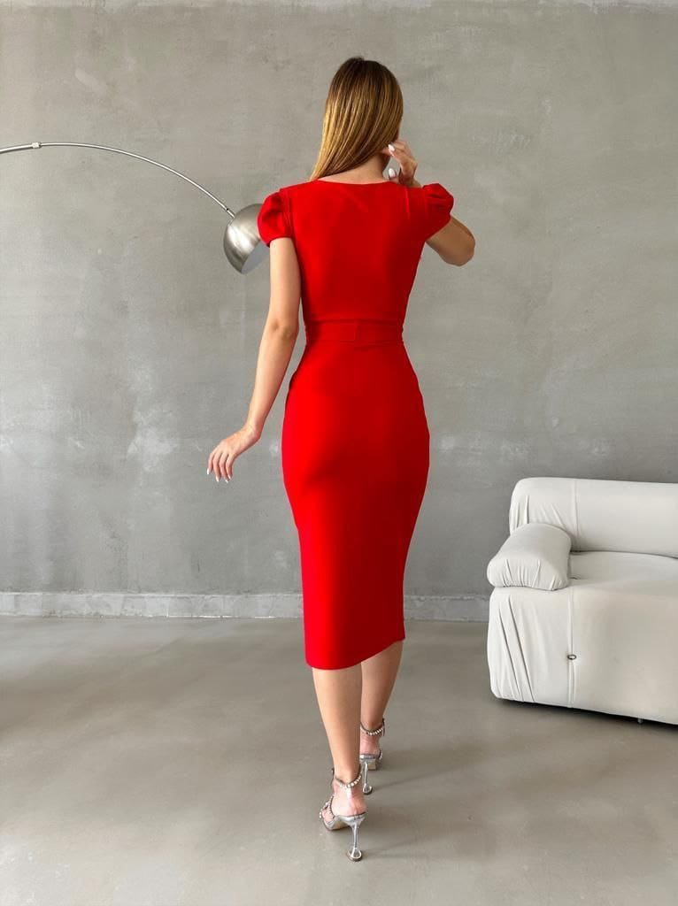 Bel Bağlamalı V Yaka Elbise Kırmızı