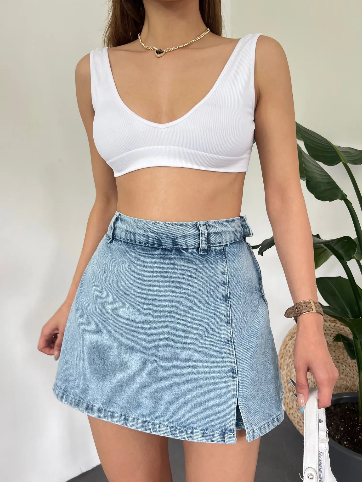Yırtmaç Detaylı Denim Şort Etek Buz Mavi