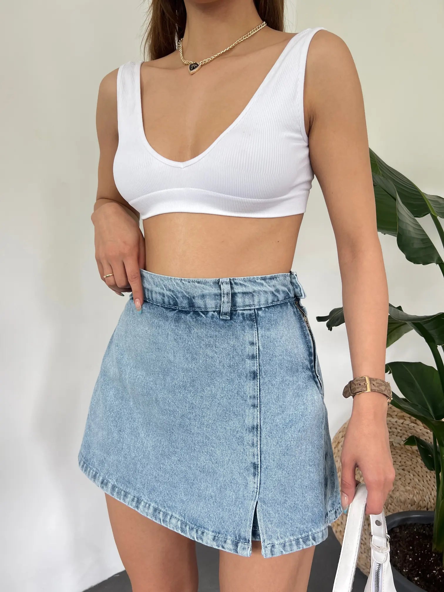 Yırtmaç Detaylı Denim Şort Etek Buz Mavi
