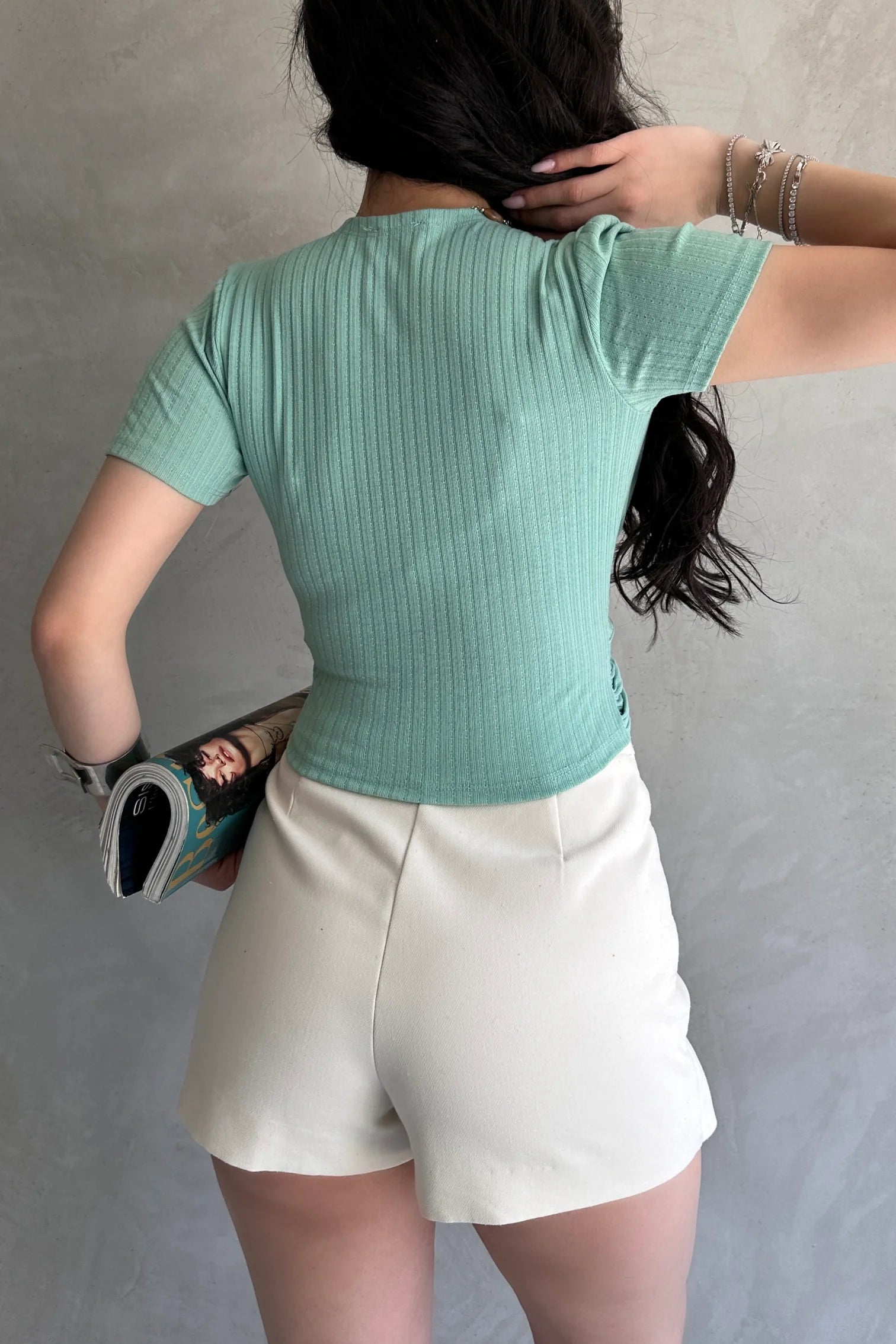 Kruvaze Yaka Crop Bluz Mint Yeşili