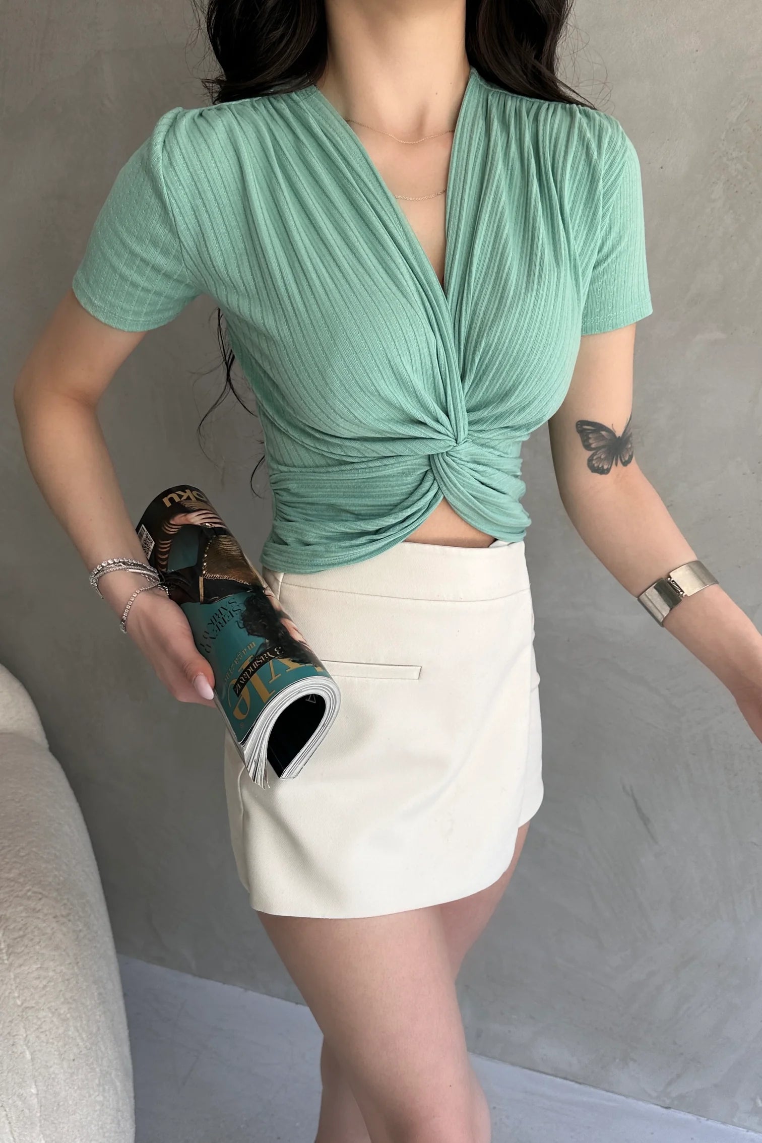 Kruvaze Yaka Crop Bluz Mint Yeşili