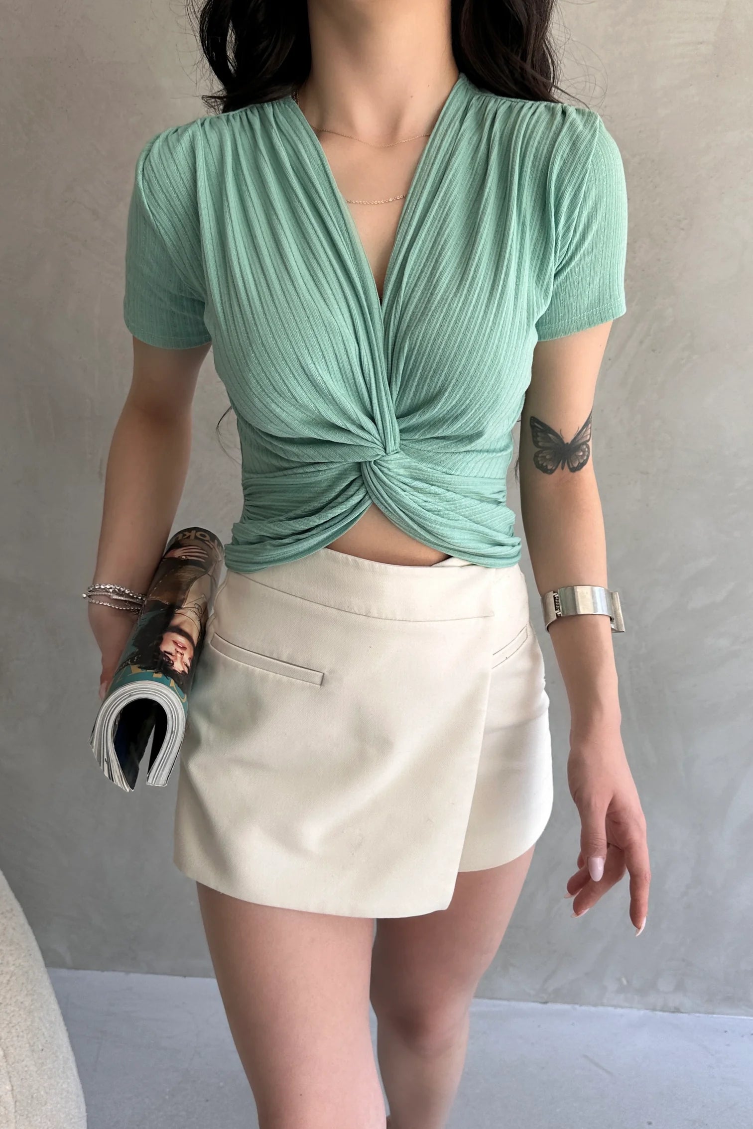 Kruvaze Yaka Crop Bluz Mint Yeşili