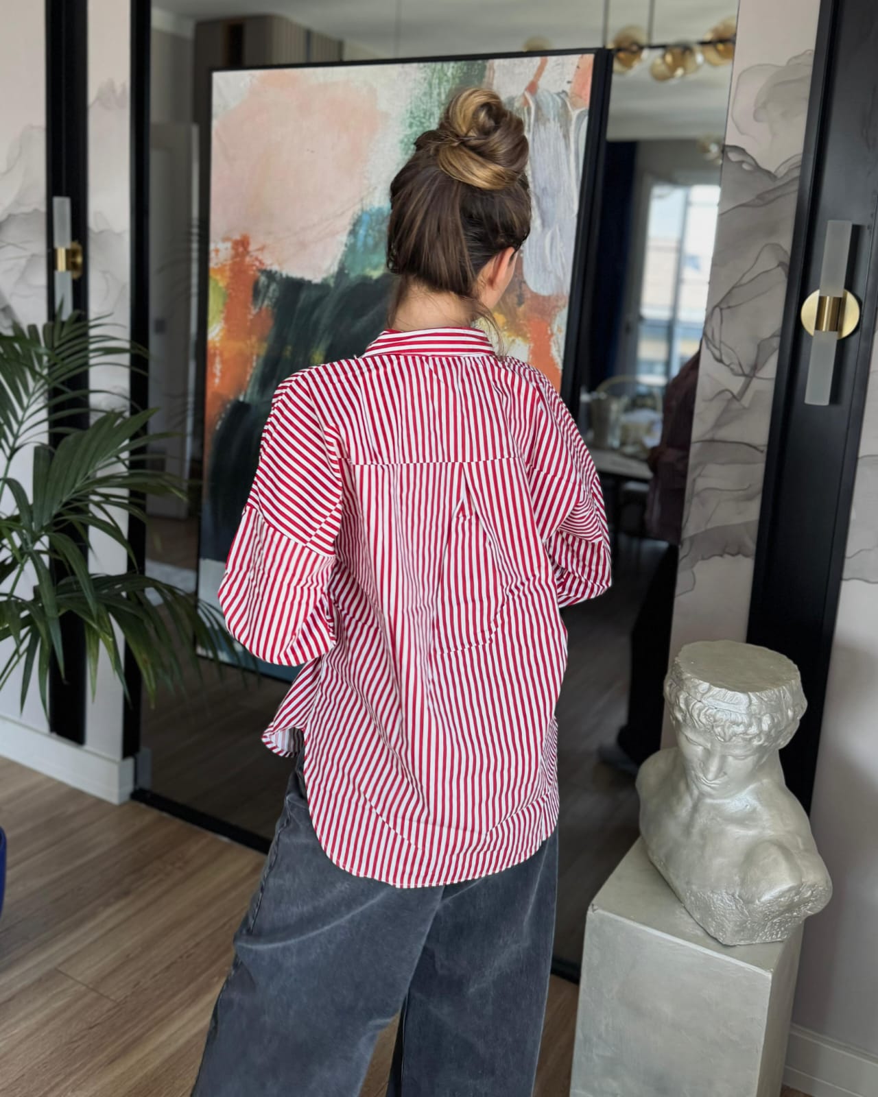 Poplin Uzun Kol Çizgili Gömlek Kırmızı