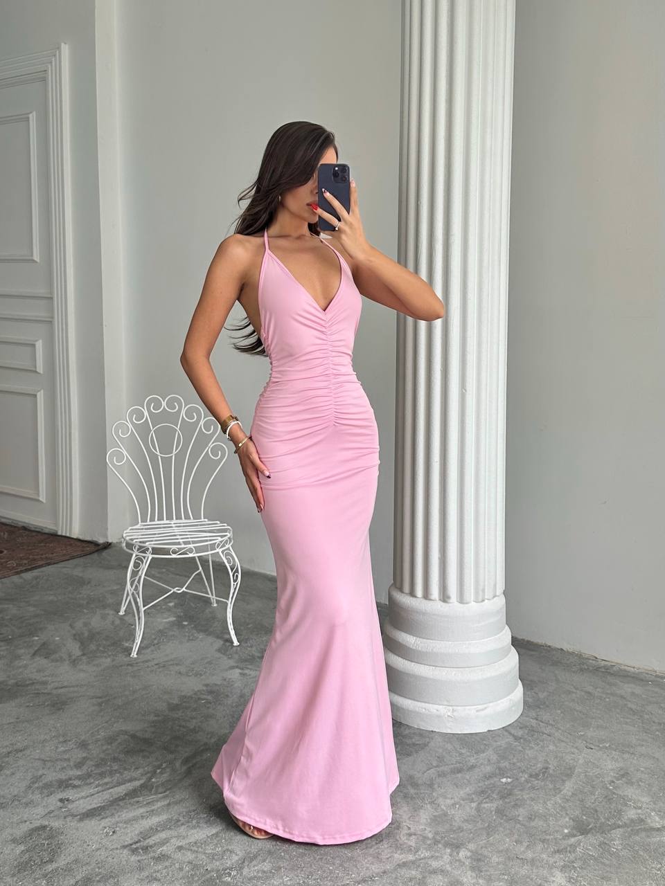 Boyun Bağlamalı Uzun Elbise Pembe