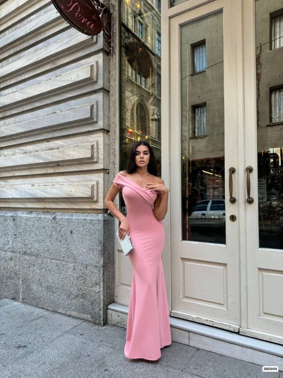 Göğüs Çapraz Detay Abiye Pembe