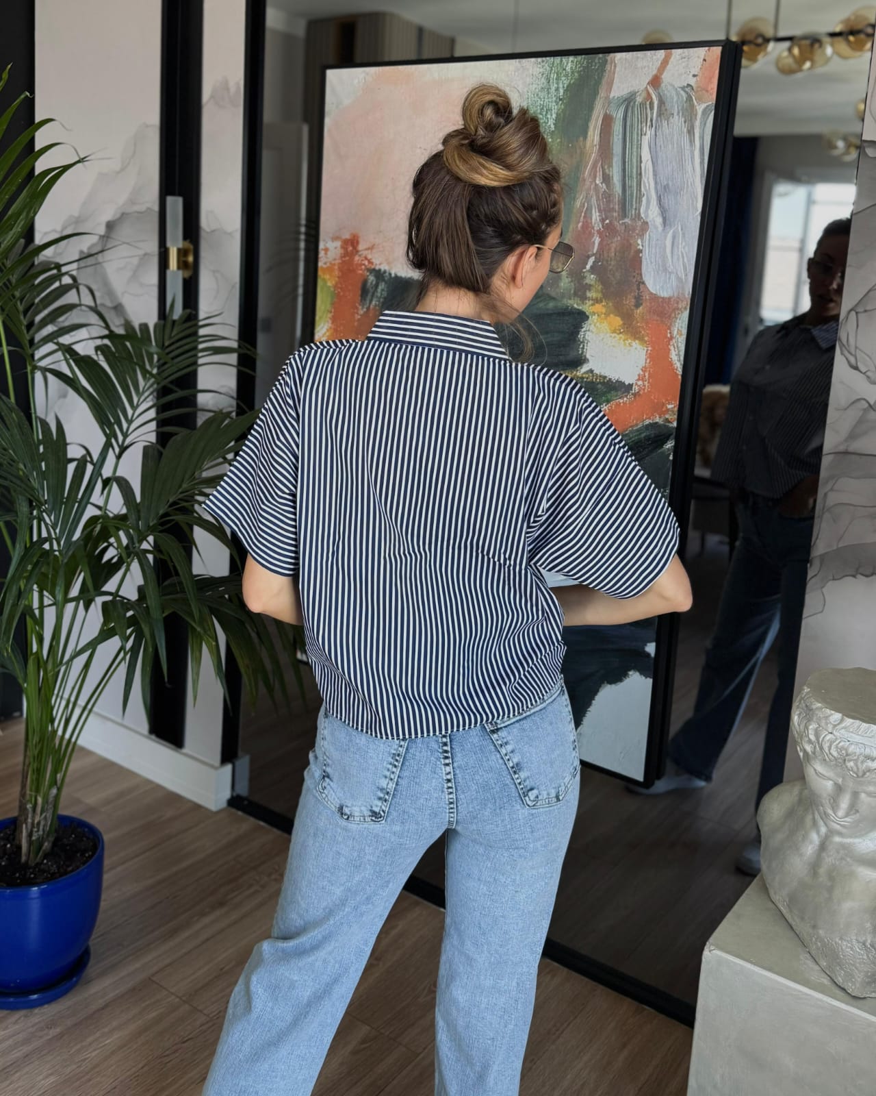 Poplin Çift Cep Gömlek Çizgili Lacivert